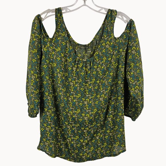 Dainty Floral Cottage Boho Cabincore Cold Shoulder Blouse Prana Green Yellow XL - Picture 1 of 10